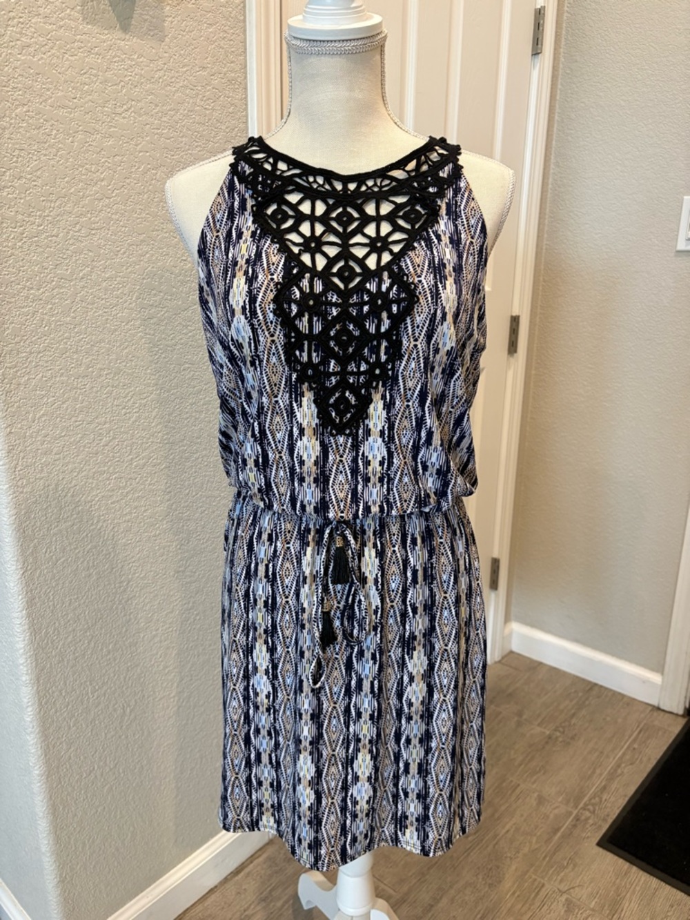 Crochet-Detail Navy Patterned Halter Dress